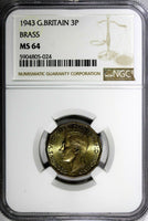 Great Britain George VI 1943 3 Pence WWII Issue NGC MS64 KM# 849 (024)