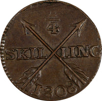 SWEDEN Copper King Gustav IV Adolf 1808 1/4 Skilling ch.XF KM# 564 (19 460)