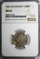 SWEDEN Carl XIV Johan Silver 1832 CB 1/8 Riksdaler NGC MS65 BU KM626/046