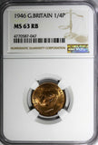 Great Britain George VI Bronze 1946 Farthing NGC MS63 RB RED TONING KM# 843