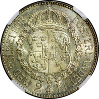 SWEDEN Gustaf V Silver 1912 W 2 Kronor NGC MS62 TOP GRADED  RARE  KM# 787 (019)