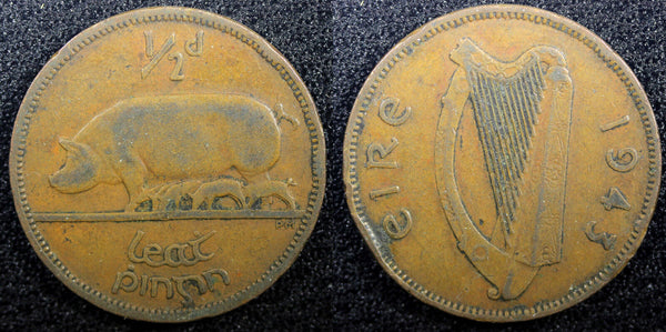 Ireland Republic Bronze 1943 1/2 Penny  Sow with piglets KM# 10 (23 089)