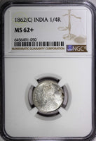 India-British Victoria Silver 1862 (C) 1/4 Rupee Calcutta NGC MS62+ KM# 470 (50)