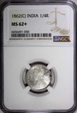 India-British Victoria Silver 1862 (C) 1/4 Rupee Calcutta NGC MS62+ KM# 470 (50)