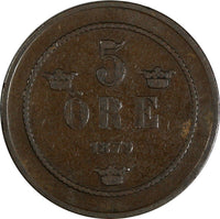 Sweden Oscar II Bronze 1879 5 Öre Small Letters RARE DATE KM# 736 (19 722)