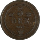 Sweden Oscar II Bronze 1879 5 Öre Small Letters RARE DATE KM# 736 (19 722)