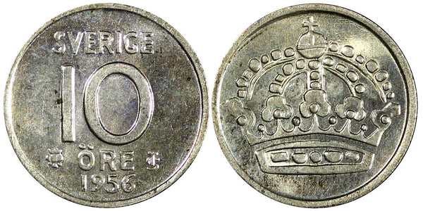 Sweden Gustaf VI SILVER 1956 10 Öre High Grade KM# 823 (22 094)