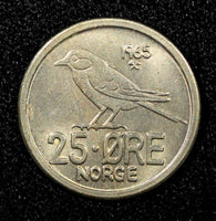 Norway Olav V 1965 25 Ore BETTER DATE UNC KM# 407  (22 635)