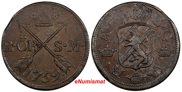 Sweden Adolf Frederick Copper 1759 2 Ore, S.M. Mintage-352,000 KM# 461 (9988)