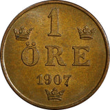 Sweden Oscar II Bronze 1907 1 Öre 2 Years Type ch.UNC KM# 768 (21 925)