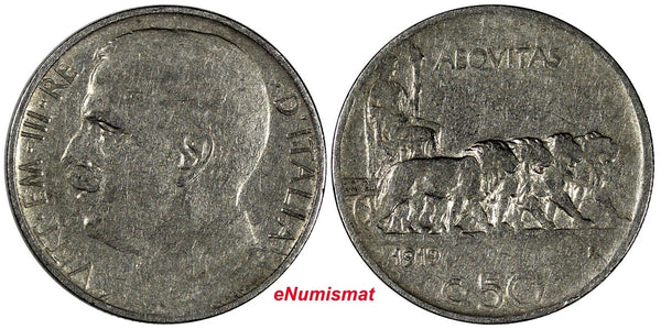 Italy Vittorio Emanuele III 1919 R 50 Centesimi Reeded Edge RARE DATE KM#61.2(3)