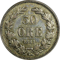 SWEDEN Oscar II Silver 1881 EB 50 Ore Mintage-268,000  22 mm SCARCE KM# 740