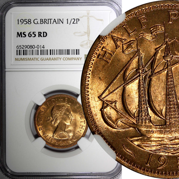 Great Britain Elizabeth II Bronze 1958 1/2 Penny NGC MS65 RD FULL RED KM#896 (4)