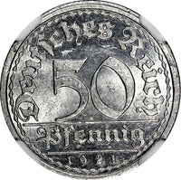 Germany,Weimar Republic 1921 J 50 Pfennig NGC MS64 1 GRADED HIGHER KM#27 (001)
