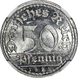 Germany,Weimar Republic 1921 J 50 Pfennig NGC MS64 1 GRADED HIGHER KM#27 (001)
