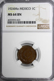 Mexico Copper  1924 Mo 1 Centavo NGC MS64 BN BETTER DATE KM# 415 (023)