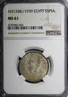 EGYPT Farouk (1936-1952) Silver AH1358 // 1939 5 Piastres NGC MS61 KM# 366 (063)