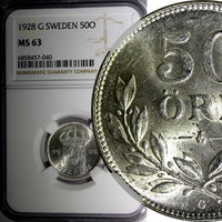 SWEDEN Gustaf V Silver 1928 G 50 Ore NGC MS63 KM# 788 (040)