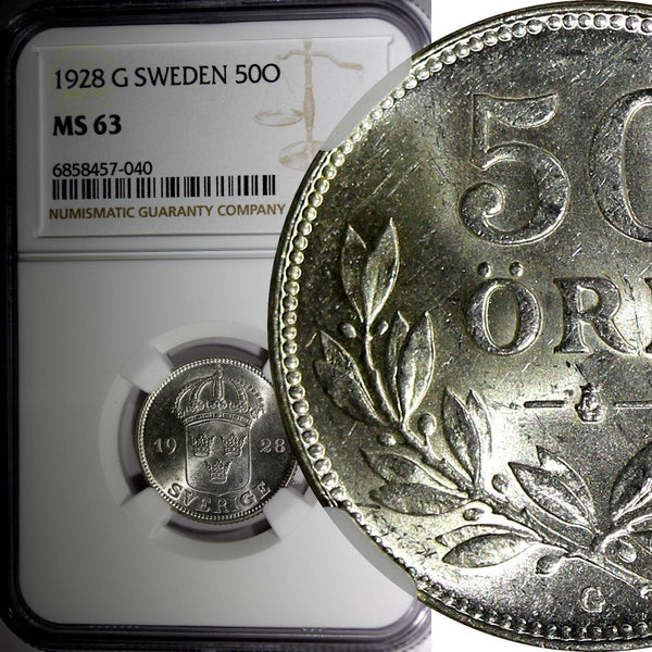 SWEDEN Gustaf V Silver 1928 G 50 Ore NGC MS63 KM# 788 (040)