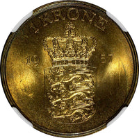 DENMARK Frederik IX Aluminum-Bronze 1957 CS 1 Krone NGC MS65  KM# 837.2 (239)