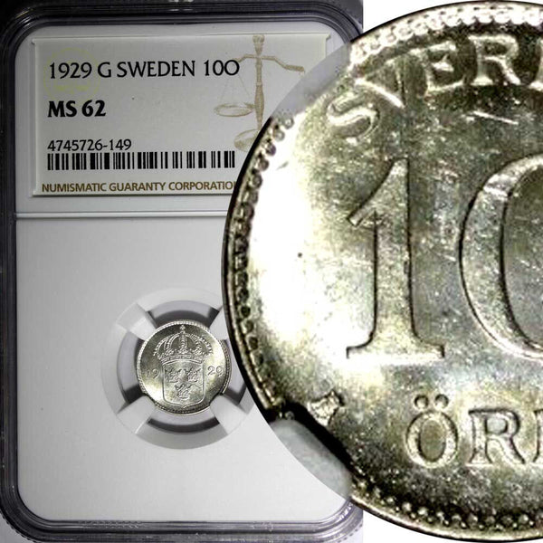 Sweden Gustaf V Silver 1929 G 10 Ore NGC MS62 KM#780 (149)