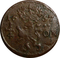 Sweden Charles X Gustav Copper 1657 1/4 Ore C.R.S SCARCE KM# 211(14191)