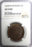 Russia Copper 1820 EM HM 2 Kopecks Ekaterinburg Mint NGC AU55 BN C# 118.3 (018)
