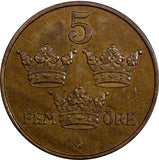 Sweden Gustaf V Bronze 1915 5 Öre XF KM# 779.2 (20 618)