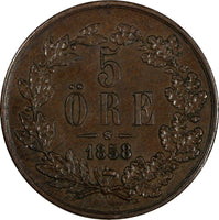 SWEDEN Oscar I Bronze 1858 L.A.  5 Ore  KM# 690 (20 428)