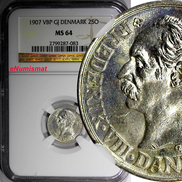 Denmark Frederik VIII (1906-1912) Silver 1907 VBP GJ  25 Ore NGC MS64 KM# 808(3)