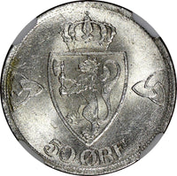 Norway Haakon VII Silver 1919 50 Øre NGC MS63 LAST YEAR .HIGH GRADED KM# 374 (1)