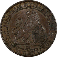 SPAIN Provisional Government Copper 1870 OM 5 Centimos Choice XF  KM# 662 (505)