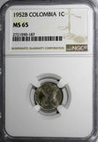 COLOMBIA 1952-B 1 Centavo NGC MS65 1 GRADED HIGHER KM# 275a (187)
