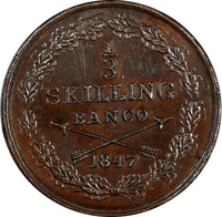 Sweden Oscar I Copper 1847 1/3 Skilling Mintage-783,000 UNC  Toned KM# 657 (867)