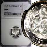 GUATEMALA Silver 1945 5 Centavos NGC MS65 GEM BU COIN KM# 238.1 (031)