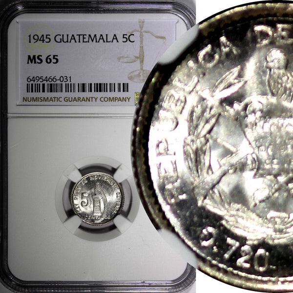 GUATEMALA Silver 1945 5 Centavos NGC MS65 GEM BU COIN KM# 238.1 (031)