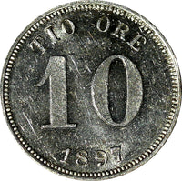 SWEDEN Oscar II (1872-1907) Silver 1897 EB 10 Ore  AU/UNC SCARCE KM# 755 (592)