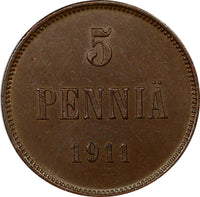 Finland Russian Nicholas II Copper 1911 5 Pennia Choice XF Condition  KM# 15
