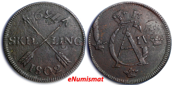 Sweden 1802 1 Skilling Overstruck on 1759 SM 2 Ore  Clear Full Date  KM#566 (32)