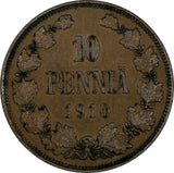 Finland Nicholas II Copper 1910 10 Pennia Mintage-241,000 KM# 14 (19 042)