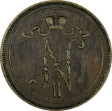 Finland Nicholas II Copper 1907 10 Pennia Mintage-503,000 KM# 14 (19 043)