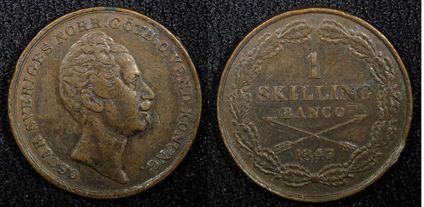 SWEDEN Oscar I Copper 1847 1 Skilling 1st Year Type Mintage-150,000 KM# 671 (50)