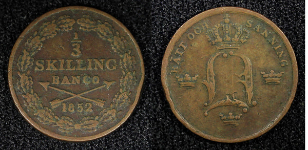 SWEDEN Oscar I (1844-1859) Copper 1852 1/3 Skilling Mintage-489,000 KM# 657 (94)