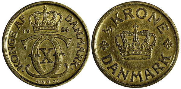 DENMARK Christian X Aluminum-Bronze 1924 HCN GJ 1/2 Krone XF KM# 831.1 (20 744)