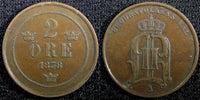 Sweden Oscar II Copper 1878 2 Ore SCARCE DATE  KM# 735   (23 136)