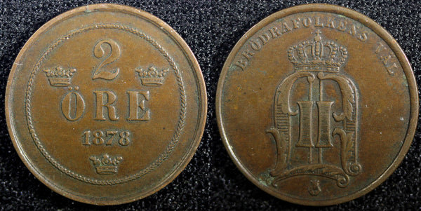 Sweden Oscar II Copper 1878 2 Ore SCARCE DATE  KM# 735   (23 136)