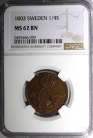 SWEDEN Gustav IV Adolf Copper 1803 1/4 Skilling NGC MS62 BN KM# 564 (39)