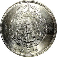 Sweden Gustaf V Silver 1946 TS 1 Krona Choice UNC 25mm KM# 814 (22 108)