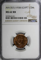 Egypt Farouk Bronze AH1357//1938 1/2 Millieme NGC MS62 RB Flashy KM# 357 (021)