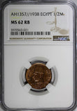 Egypt Farouk Bronze AH1357//1938 1/2 Millieme NGC MS62 RB Flashy KM# 357 (021)